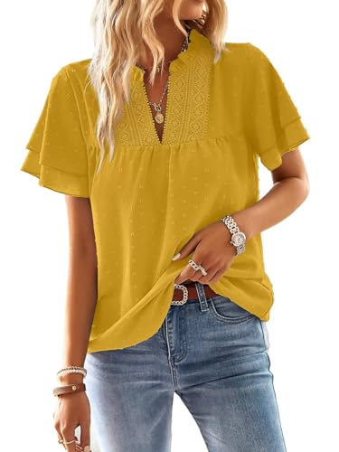TUUHAW Ropa Mujer Talla Grande Camisetas Manga Corta Mujer Cuello en V Camisa Volantes Suelto Basic Blusas Casual Elegante Túnica Encaje Tops Color Sólido Estilo Retro Bordado T-Shirt Amarillo 3XL