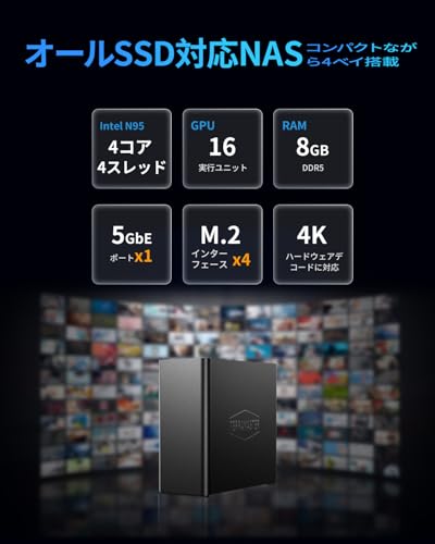 TERRAMASTER/F4 SSD/NASストレージ/4ベイ/オールSSD NASサーバー/N95クアッドコアCPU/8GB DDR5 RAM/5GbEポート/コンパクトサイズの高性能ネットワークストレージ/SSD付属なし