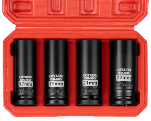 ZOYAKKI 4-Piece 1/2 Inch Drive Impact Socket Set CR-MO Steel 6-Point Deep Socket Metric 17-19-21-22mm Hexagon Deep Socket Set with Storage Box for Repair Mechanic Garage