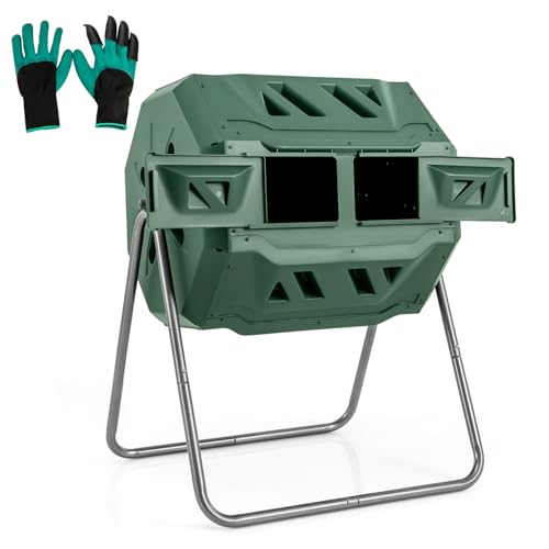 COSTWAY 160L Tumbling Composter Garden Compost Bin with 360 Rotating Dual Chambers Sliding Doors & Gloves BPA-Free Compost Waste Bin Barrel Easy and Fast Composing (Green 160L)