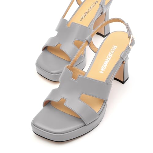 Image of ROSERWISH Womens Platform Heeled Sandals, Open Square Toe Chunky Heels, Strappy Sandals for Women, Leather Insole Dress Shoes for Prom Weeding Bride Party 3.5 inch