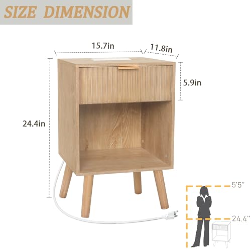 Image of Fultyle Wood Nightstand with Charging Station, Bedside Table with Fluted Drawers and Outlet, Boho Night Stand for Bedroom, Living Room, Office (Rustic Walnut)