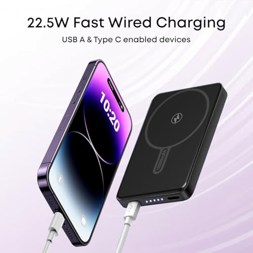 Image of pTron MagSafe Magnetic Wireless 10000mAh Fast Charging Slim Power Bank, Strong Magnet, 22.5W Output, Compatible with iPhone 12, 13, 14, 15, 16, Android & Other Qi Enabled Devices, Dynamo Flash (Black)
