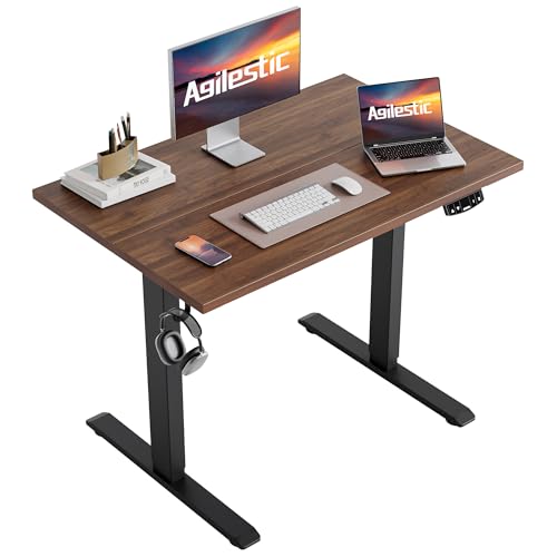 Image of Agilestic Electric Standing Desk, 48 x 24 Inches Height Adjustable Desk, Sit Stand up Desk for Work Office Home, Splice Board, Dark Walnut