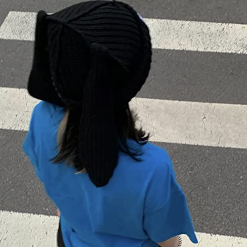 Knit Beanie Hats Cute Bunny Long Ears Grunge Hat Fluffy Winter Cap Warm Knit Rabbit Crochet Outdoor Slouchy Hat (Black,One Size) #TOP6