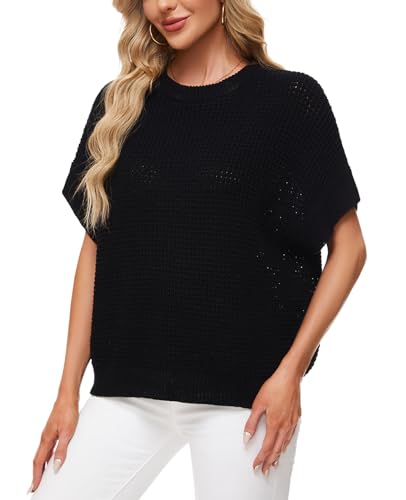 Image of MINTLIMIT Womens Batwing Short Sleeve Sweaters Loose Oversized Waffle Knit Pullover Sweater Top