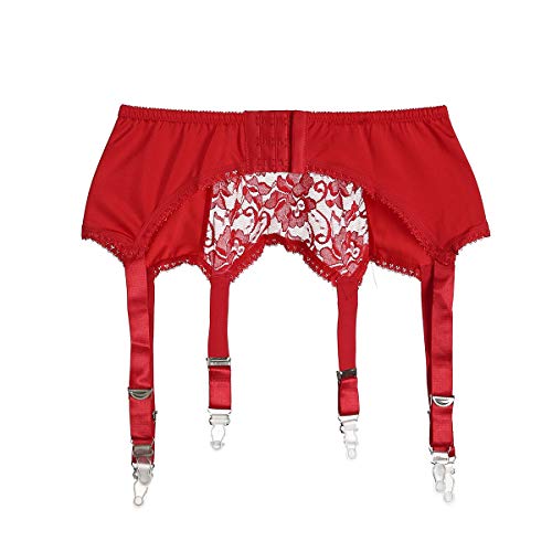 Womens Sexy Lace Mesh Garter Belt with 6 Adjustable Straps for Stockings Lingerie Red XXL