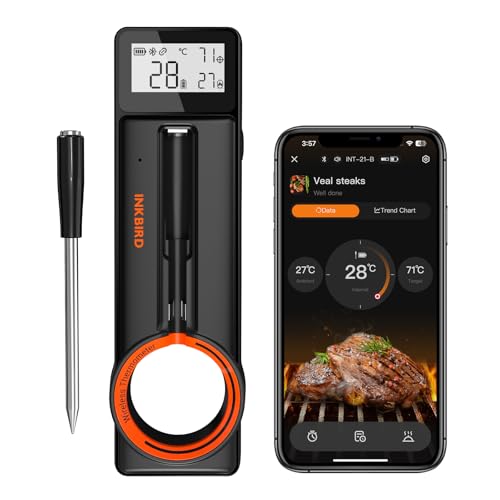 INKBIRD Wireless BBQ Thermometer INT-21-B Bluetooth 5.4 Meat Thermometer with 5MM Ultra Thin Probe HD LCD Display 60 Min Offline Data Storage Temperature Alarms for Grilling Cooking Roasting