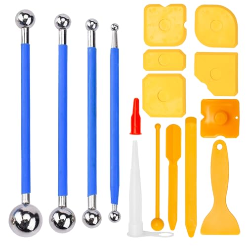 Neikafan 16pcs Silicone Caulking Tool Kit,10 Sealant Remover Tool,4 Caulking Tool Metal Ball,1 Sealant Nozzles with 1 Caps Silicone Sealant Grout Finishing Tool Set for Bathroom Kitchen Floor Corner