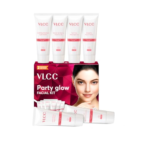 VLCC Party Glow Facial Kit - 60g | Intense Glow For Clear, Bright Skin | Special Occasion at Home Facial | With Indian Berberry, Saffron, Mulberry, and Hazlenut