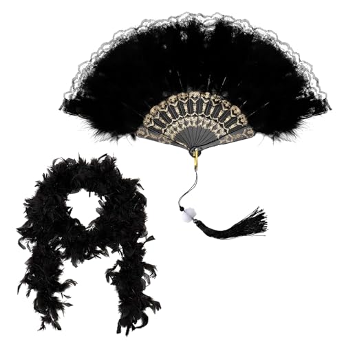 KarnevalsTeufel Federboa mit Schwarzer Federfächer, Schwarze Federboa, Federstola Federschal Kostüm Karneval, Flauschige Truthahnfedern Boa Für...