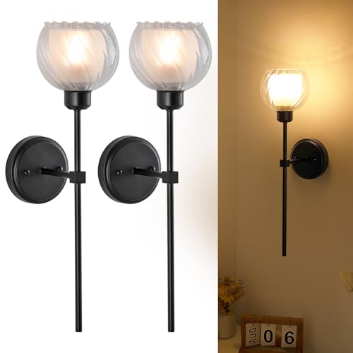Image of Black double-layer glass wall light, hard wired variable light 3500K-6000K, E26 /E27 bulb, suitable for hallway, living room, bedroom, bathroom, and farmhouse wall-sconces, with bulbs (2 packs)