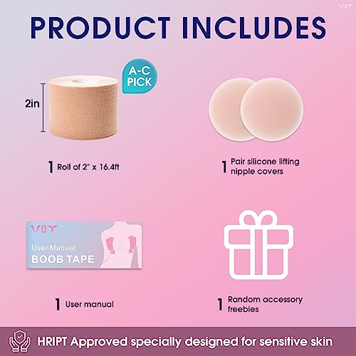 VBT Boob Tape - Breast Lift Tape, Body Tape for Breast Lift w 2 Pcs Silicone Breast Reusable Adhesive Bra, Bob Tape for Large Breasts A-G Cup, Nude2
