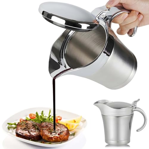 450ml Edelstahl Thermo Sauciere, Soßenkanne mit Klappdeckel, Doppelt Isoliert Saucenkanne, Thermo-Sauciere, Eleganter Silberner Saucenkrug für Hause, Abendessen, Restaurants, Partys, Weihnachten