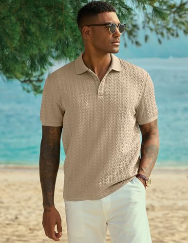 Image of JMIERR Men's Casual Polo Shirt Knitted Textured Short Sleeve Stretch Golf Shirt Summer Vacation Beach Collared Shirts