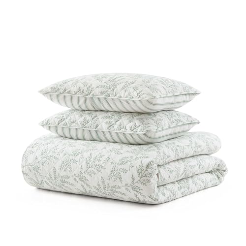 Image of Martha Stewart - Queen Quilt Set, 100% Soft & Breathable Bedding with a Lightweight Feel for Year Round Comfort, 2 Piece Bed Set with Matching Pillowcase (Murray Leaves Green)