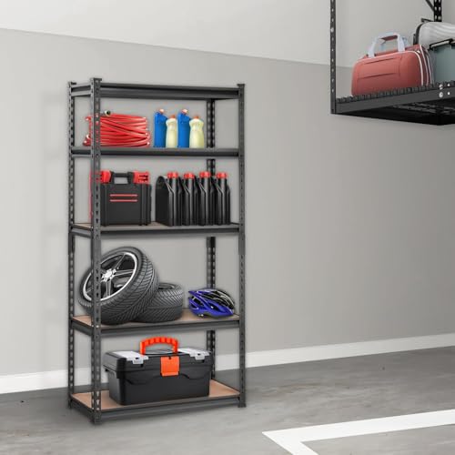 Image of Heavy Duty Metal Rack with Wooden Shelves (Adjustable), 30KG /Shelf, Boltless Storage Organizer, Multipurpose Display Shelves for Kitchen, Garage, Warehouse Black-5 Layers
