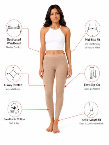 Image of Women's Cotton Lycra Ankle Length Leggings | Regular Rise, Soft 4 Way Stretch Fabric | Casual & Ethnic Wear
