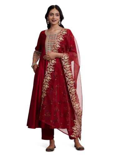 Amazon Brand - Myx Women's Embroidered Anarkali Kurta Pant Set with Organza Dupatta | Viscose,Rayon | A-line fit (AW24-MYX-SKD-VN-03_Deep Red_XS)
