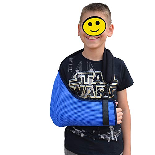 Soporte pediátrico para el hombro del brazo del brazo, Aprobado médicamente, fresco, Ajuste/tamaño fácil, Pulgar, Etiqueta adhesiva de curación feliz. Unisexo. (4-5 años, Azul/Armada)