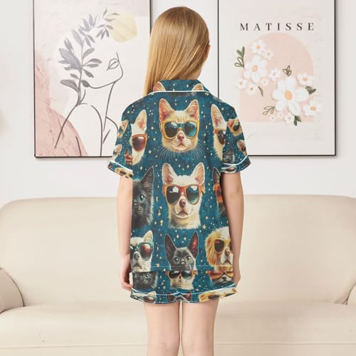 Satin Pajama Sets Short Sleeve Cats Wearing Sunglasses Button Down Silky Nightwear 2 Piece PJS 5-14Y4