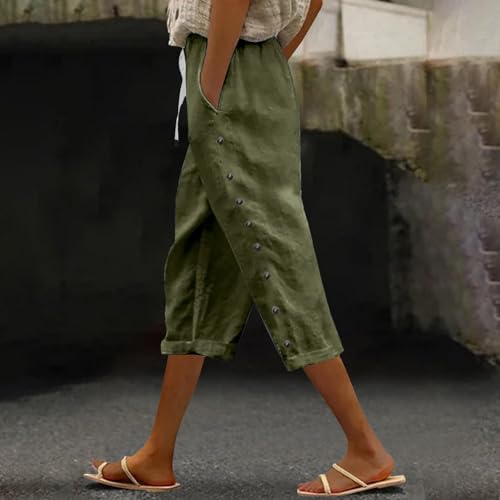 Womens Capri Pants for Summer Drawstring Cotton Linen Pants Side Button Wide Leg Capris Straight Leg Cropped Trousers2