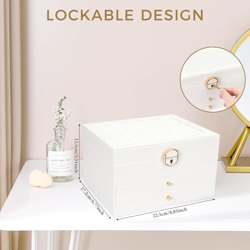 Image of Vlando 3 Layer Jewellery Organiser Box, Large PU Leather Jewelry Storage Case With Drawers, Earrings, Rings, Necklaces Holder | Luxury Jewellery Box For Women & Girls Gift (White)