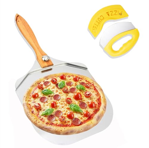 Pizza Peel (12' x 12') with Foldable Wooden Handle for Easy Storage - Aluminum Metal Pizza Spatula with Pizza Cutter, Pizza oven accessories