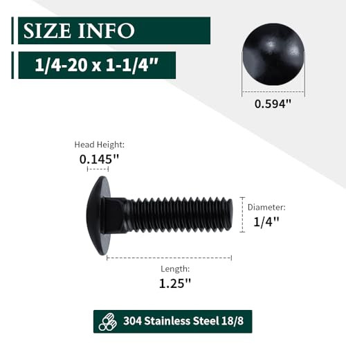 Image of 1 /4-20 x 1-1 /4 inch Black Steel Carriage Bolts, 304 Stainless Steel 18-8, Round Domed Head Square Neck Carriage Bolts Screws, Coarse Thread UNC, 25 PCS