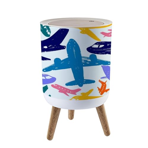 Image of EINGDVPRWEK Trash Can with Lid Kids Seamless Pattern Airplanes Baby Airplane Pattern Seamless Press Top Round Small Garbage Bin with Wooden Legs Waste Basket for Kitchen Bedroom Nursery 7L/1.8 Gallon
