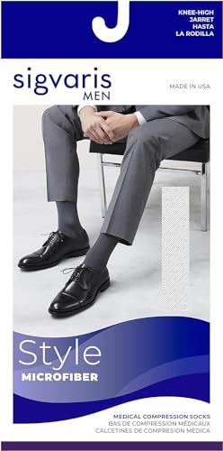 Image of SIGVARIS Men's Style Microfiber 820 Closed Toe Calf-High Socks 20-30mmHg - Tan Khaki - Small Long