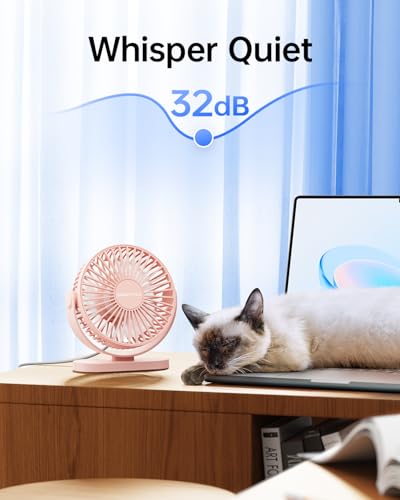 Image of SWEETFULL USB Desk Fan Small Quiet - 3 Speeds Mini Personal Portable Fan 360 Rotation Adjustable, 5.5 Inch Office Table Cooling Gadgets on Desktop (Pink)