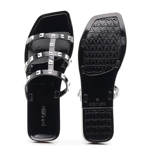 Image of Women Flats Sandals, Studded Jelly Shoes Size 9 Red Dressy Summer Beach Rivets Strappy Jellies Slide Slip On Open Toes
