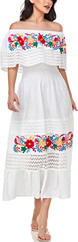 Image of YZXDORWJ Women Embroidered Mexican Peasant Casual Sexy Lace Off-Shoulder Long Dress