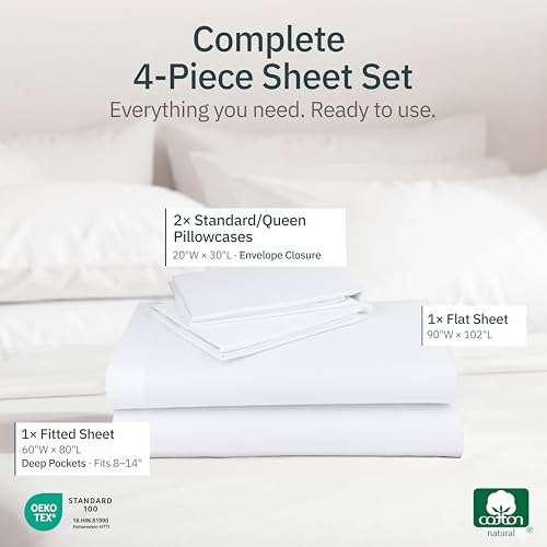 Image of Super Soft 100% Cotton Deep Pocket Queen Sheets, 4 Pc Set, White | Lightweight & Breathable For Hot Sleepers, 14 inch Deep Pocket, All-Around Elastic, Durable, Easy Care, OekoTex Certified