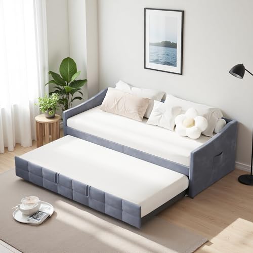 Canapé-lit 90 x 200 cm avec lit gigogne, canapé 2 places avec sommier à lattes, canapé-lit extensible pour adolescents et adultes Velours sans matelas...