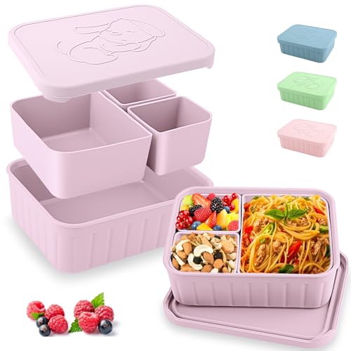Bento Lunch Box for Kids-Reusable Silicone Kids Bento Box Lunch Container Leakproof Lunchbox Meal Prep Food Storage Containers with 3 Removable...