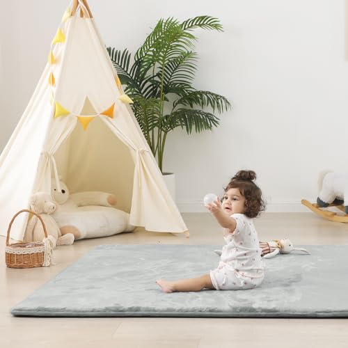 Image of 1.5 inch Thick Baby Play Mat for Floor 50x50 Soft Foam Mats, Light Grey | Memory Mat for Baby to Play, Waterproof Easy Care with Non-Slip Tummy Time Play Mat for Nursery Playroom Classroom