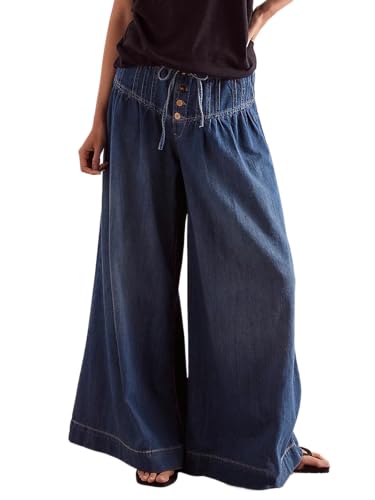 ebossy Women's Barrel Jeans Drawstring Stretchy Ruched Mid Rise Wide Leg Loose Denim Pants with Pockets