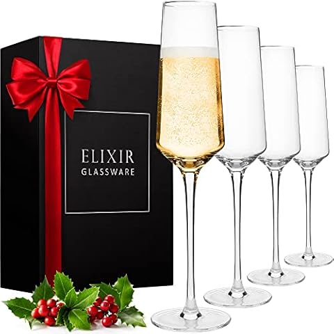 Classy Champagne Flutes - Hand Blown Crystal Champagne Glasses - Set of 4 Elegant Flutes, 100% Lead Free Premium Crystal - Gift for Wedding, Anniversary, Christmas - 8oz, Clear Cover