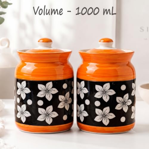Image of D'Maiolica Ceramic Handmade Pickle Jars in 1000ml (set of 2) | Floral Bale 1 kg Achaar Martban | Ceramic Jadi for Kitchen Storage (Set of 2) | Jars for Achar, Spices, Salt (Floral Citrus Bloom)