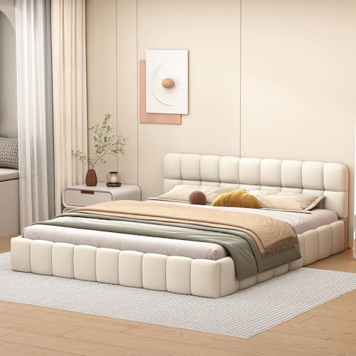 DULRLLY Polsterbett Bubble Bett 160 x 200 cm,Doppelbett mit Lattenrost, Jugendbett mit Gepolstertes Kopfteil, Gepolstertes Bett für Schlafzimmer und Gästezimmer,ohne Matratze, Leinenstoff (Weiß)