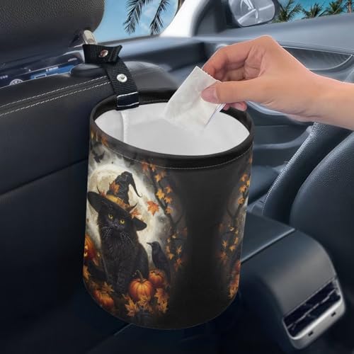 Image of Halloween Black Cat Pumpkin Collapsible Portable Trash Can for Car Front Seat, Back Seat, Floor, Headrest Rubbish Bin