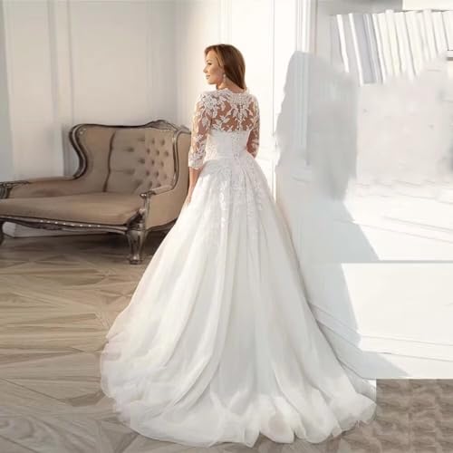 Women’s A-line Plus Size Wedding Dress, Sheer Lace 3/4 Sleeves Wedding Dress for Brides4