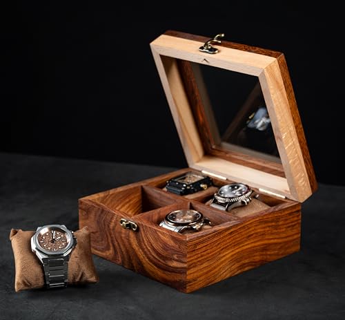 Handmade Superior Indian Rosewood Watch Display Box Case for Men | Organizer Box for Watches | Elegantly Handcrafted Pillows | Made for Watch Collocters. | Best Gift for Him (Darky brown-4 room)