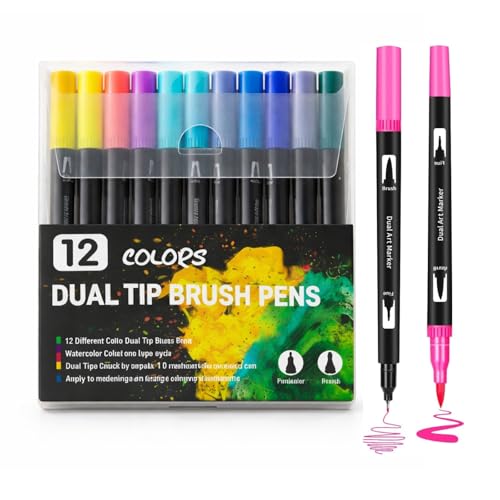 Image of Corslet 12 Pcs Dual Tip Brush Pens Tip Set 12 Colors, Colouring Pens Art Markers for Kids and Adults, Colouring Book, Art Supplies Fineliner Tip Brush Marker for Drawing Sketching