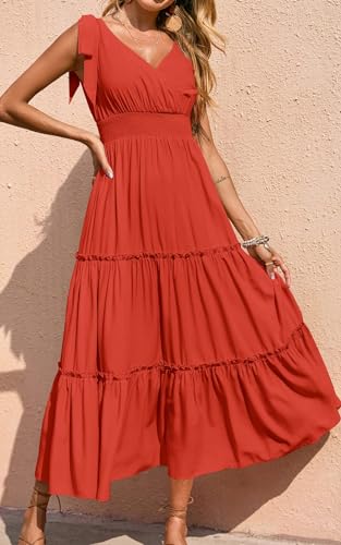 Image of PRETTYGARDEN Women's Cross Neck Summer Sleeveless Tiered Maxi Dress Beach Tie Strap Smocked Long Dresses Pleated Sundress