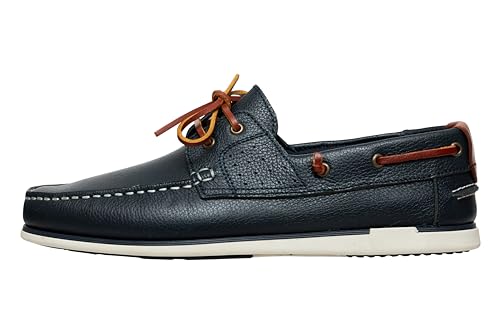Bootsschuhe Herren Echt Leder Segelschuhe Flache Mokassins mit Lederschnürung in dunkelblau und braun 2 Eye Boat Shoes (Dunkelblau, EU Schuhgrößensystem, Erwachsene, Herren, Numerisch, Schmal, 43)