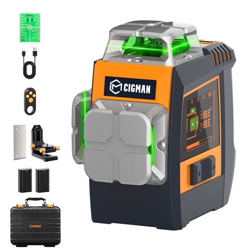 Niveau laser 360 autonivelant CIGMAN à commande gestuelle, laser vert 30 m pour laser chantier, contrôle lignes & luminosité par gestes, mode stroboscopique, Bluetooth APP, 2 batteries Li-ion pour lon