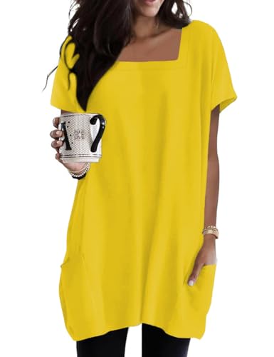 Poetsky Women's 2025 Short Sleeve Square Neck Tunic Shirts Loose Casual Longline Tee T-Shirt to Wear with Leggings Yellow S